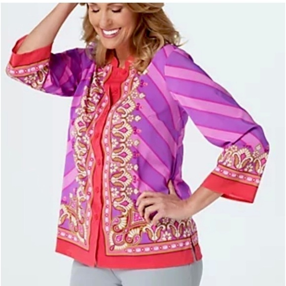 Bob Mackie Wearable Art Bombay Placement Print Long Sleeve Button Front Blouse - Picture 1 of 10